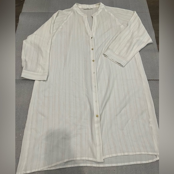 [L]MNG White Gold Striped Button-Down Shirt Dress Raglan Sleeve - Picture 1 of 5